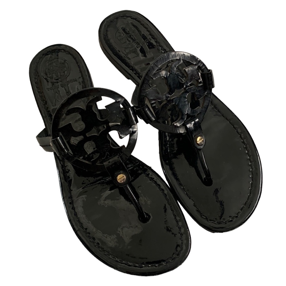 Tory Burch Logo Black Patent Leather Miller Thong Sandal